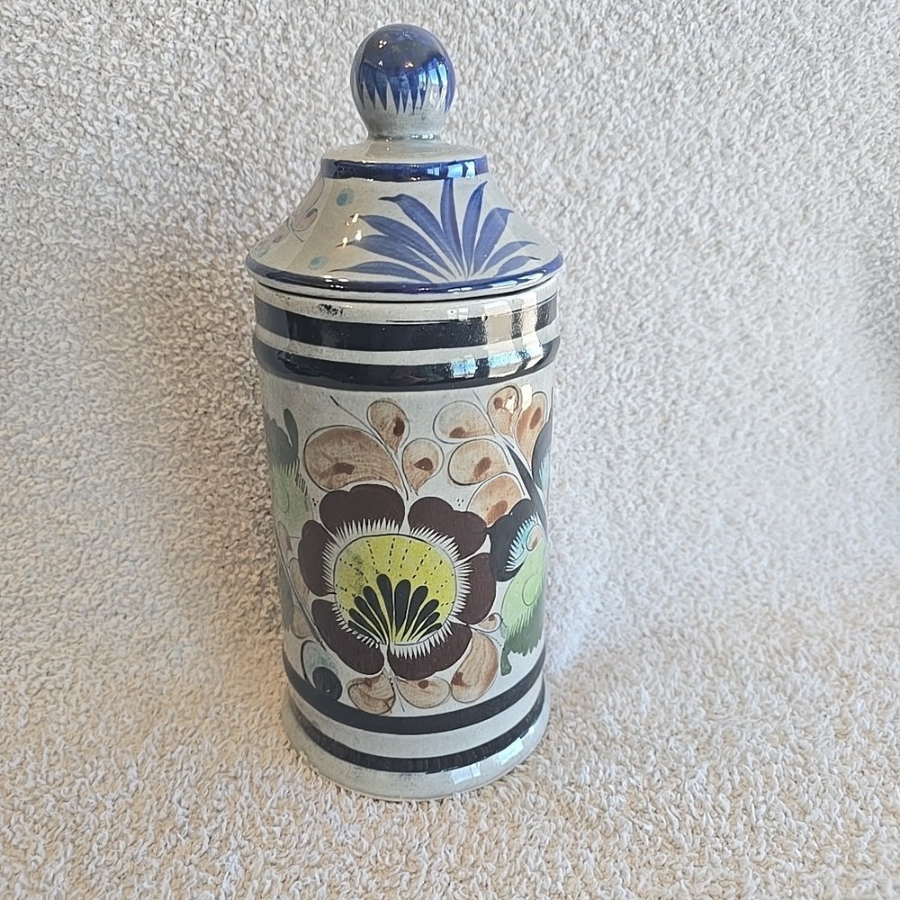 Vintage Tonala Mexican Pottery Covered Canister Lidded Jar Floral Mexico